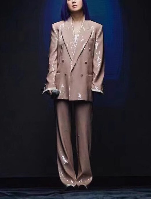 Nude Pink Sequin Layer Pant Suit, Designer Woman Shiny Suit Jacket + Pant Set Casual/ Formal/ Party/ Wedding suit set Gift for her