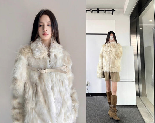 Furry faux milky white color jacket rave punk goth cozy plur top party clubwear unique designer outdoors kpop style peacoat