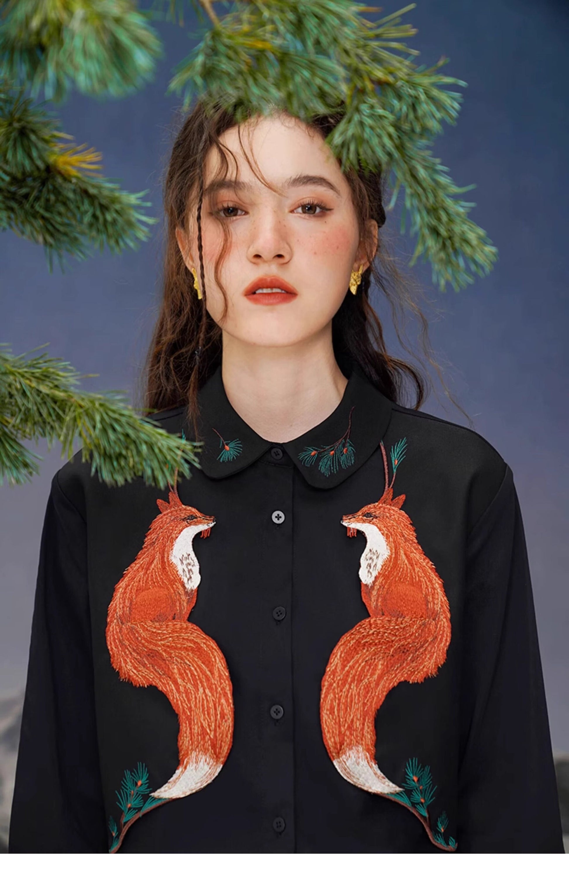 Wolf embroidery shirt, designer creative button shirt long sleeve retro top formal smart casual office wedding prom party gift