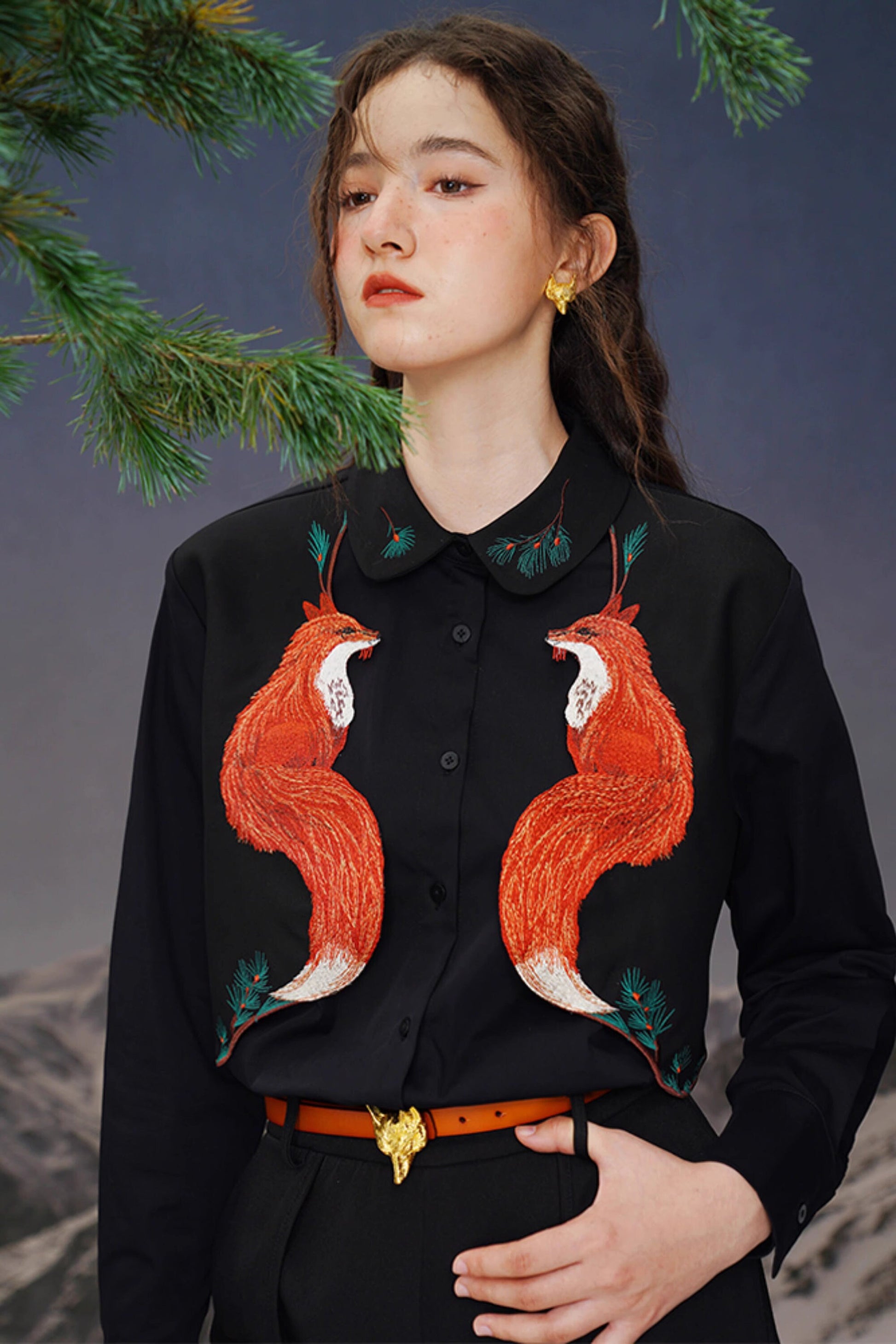 Wolf embroidery shirt, designer creative button shirt long sleeve retro top formal smart casual office wedding prom party gift