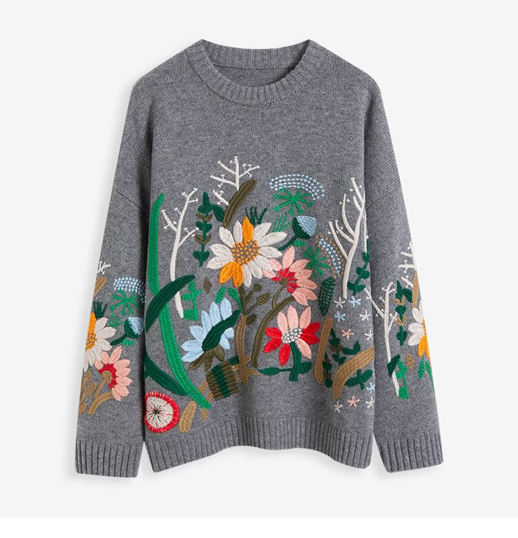 Floral embroidery knitted sweater gray/ white designer women wool clothes casual wear outdoors sweater office knit wear fall winter wear