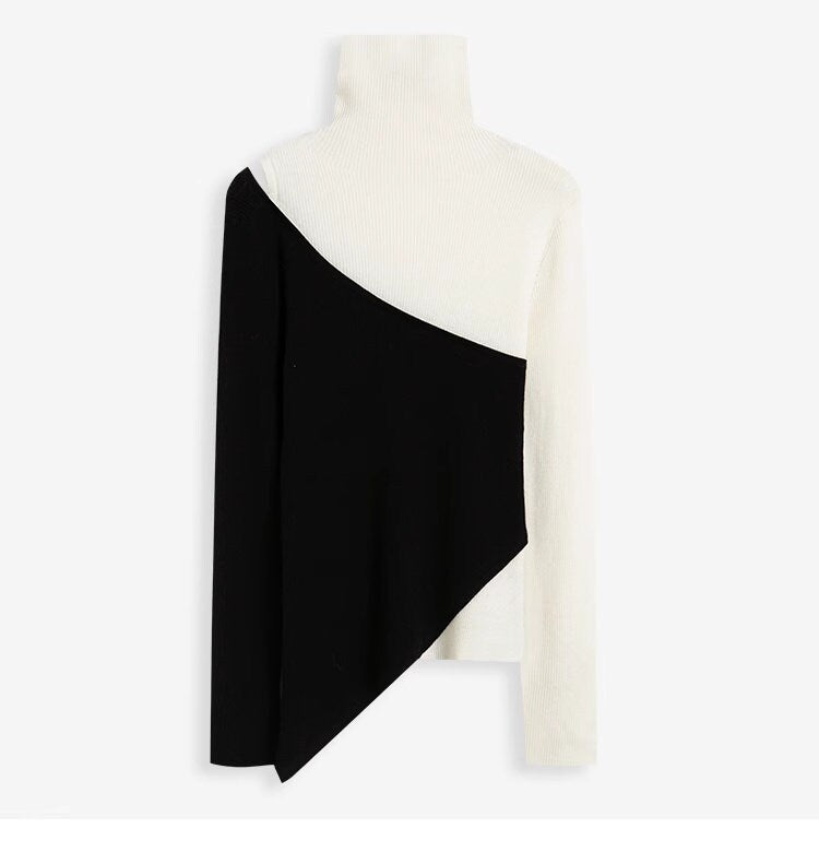 Woman patchwork black & white top crop shoulder mock neck modern knit wear casual formal top office party event wear outdoors clothes