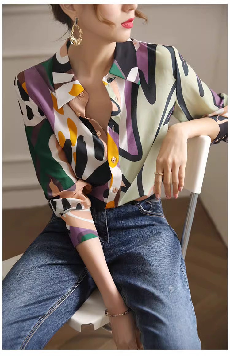 Abstract pattern art blouse, designer woman long sleeve button shirt smart casual outdoors office work wedding prom birthday gift