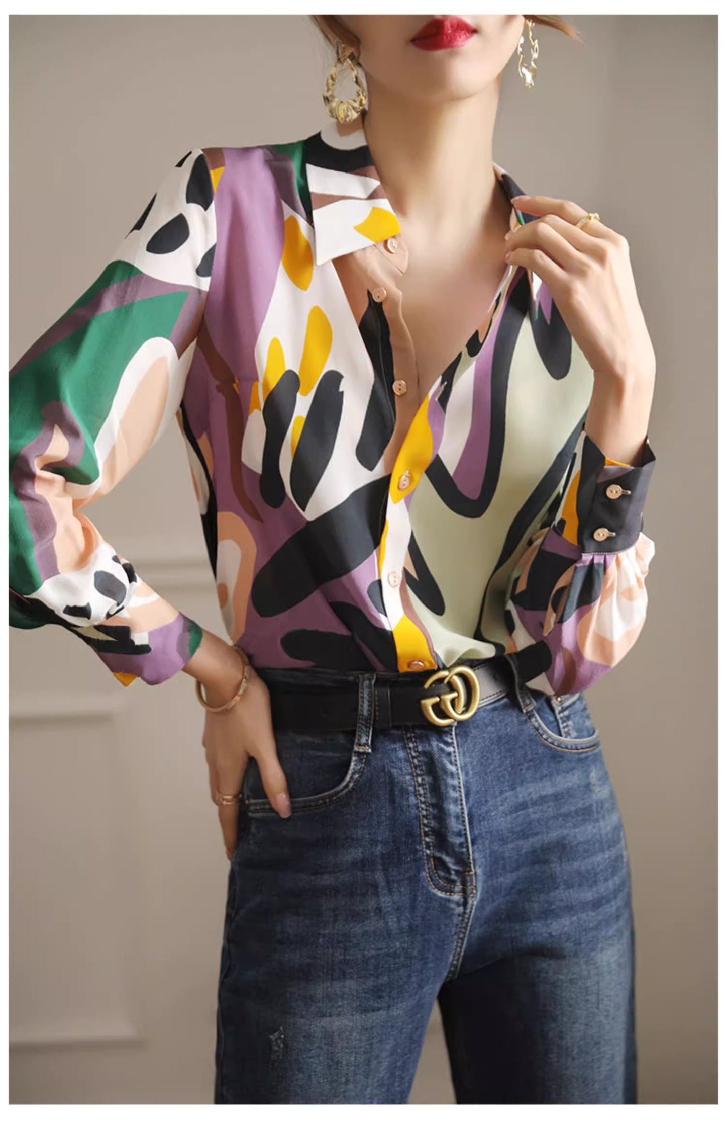 Abstract pattern art blouse, designer woman long sleeve button shirt smart casual outdoors office work wedding prom birthday gift