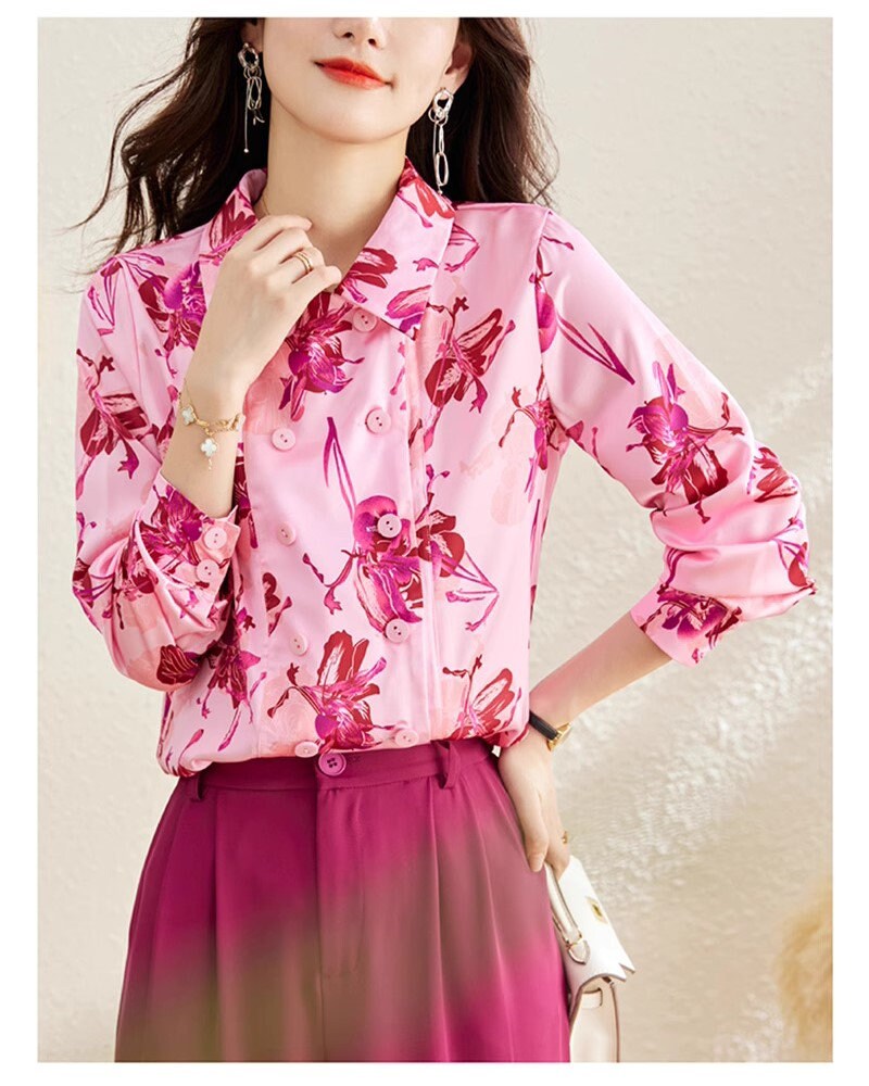 Floral Pattern Double Breast Blouse, Designer Woman Collor Elegant Button Shirt Smart Casual Formal Event Party Gift for her