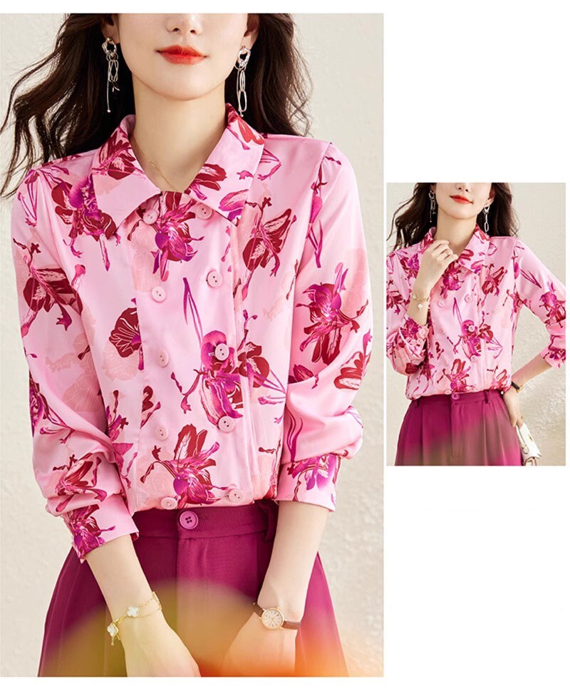 Floral Pattern Double Breast Blouse, Designer Woman Collor Elegant Button Shirt Smart Casual Formal Event Party Gift for her