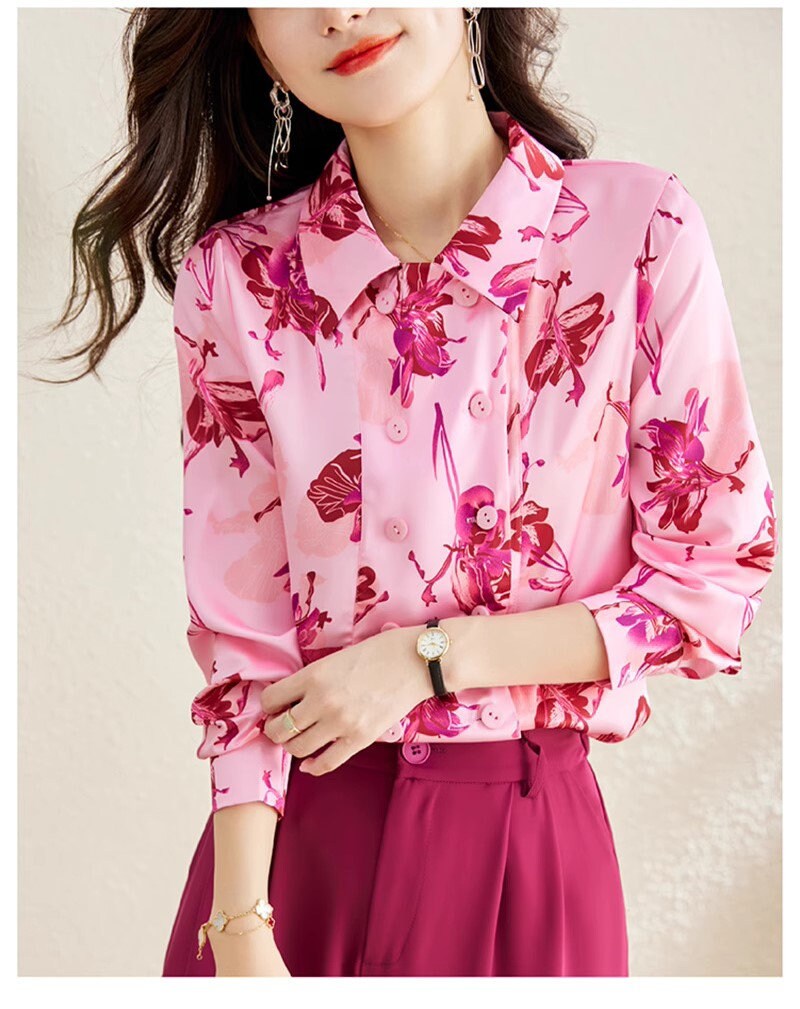 Floral Pattern Double Breast Blouse, Designer Woman Collor Elegant Button Shirt Smart Casual Formal Event Party Gift for her