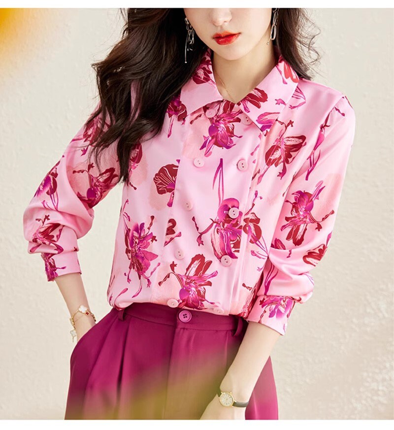 Floral Pattern Double Breast Blouse, Designer Woman Collor Elegant Button Shirt Smart Casual Formal Event Party Gift for her