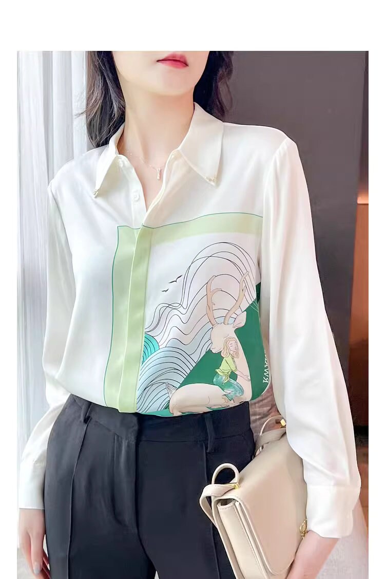 Fairy Graphics Print Blouse, Designer Women Collar with deer pin Button Shirt Minimalist Art Style Smart Casual Formal Event Party Gift