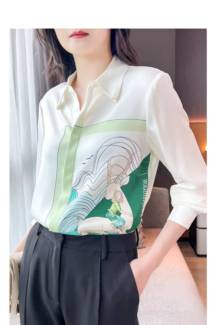 Fairy Graphics Print Blouse, Designer Women Collar with deer pin Button Shirt Minimalist Art Style Smart Casual Formal Event Party Gift