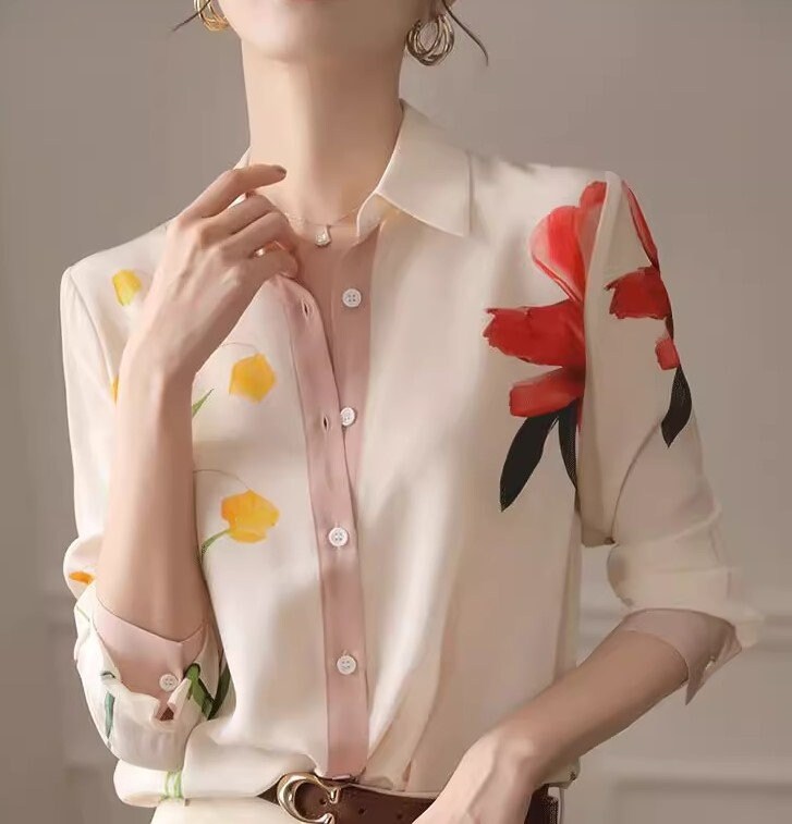 Water Ink Floral Graphics Blouse, Designer Women Button Shirt Elegant Casual Style Outdoors Event Party Gift for her