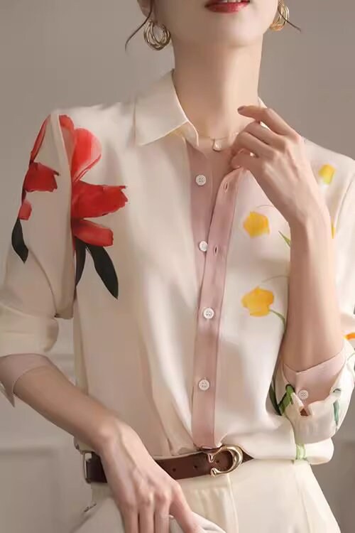 Water Ink Floral Graphics Blouse, Designer Women Button Shirt Elegant Casual Style Outdoors Event Party Gift for her