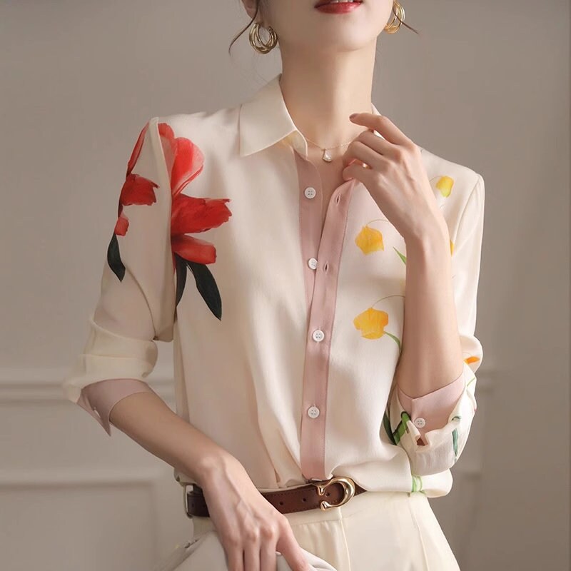 Water Ink Floral Graphics Blouse, Designer Women Button Shirt Elegant Casual Style Outdoors Event Party Gift for her