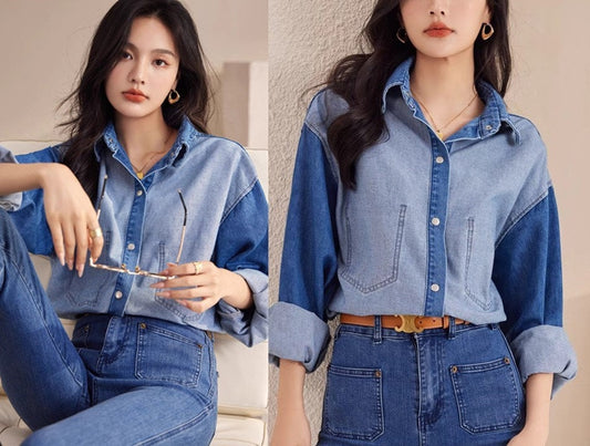 Denim street wear loose fit blouse, designer woman patchwork button shirt smart casual wear outdoors gift for her