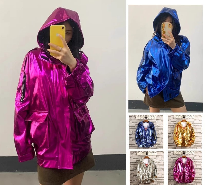 Glossy finish woman jacket with hood, designer shiny Korean style dance hip hop jacket casual street wear jacket different color plus size