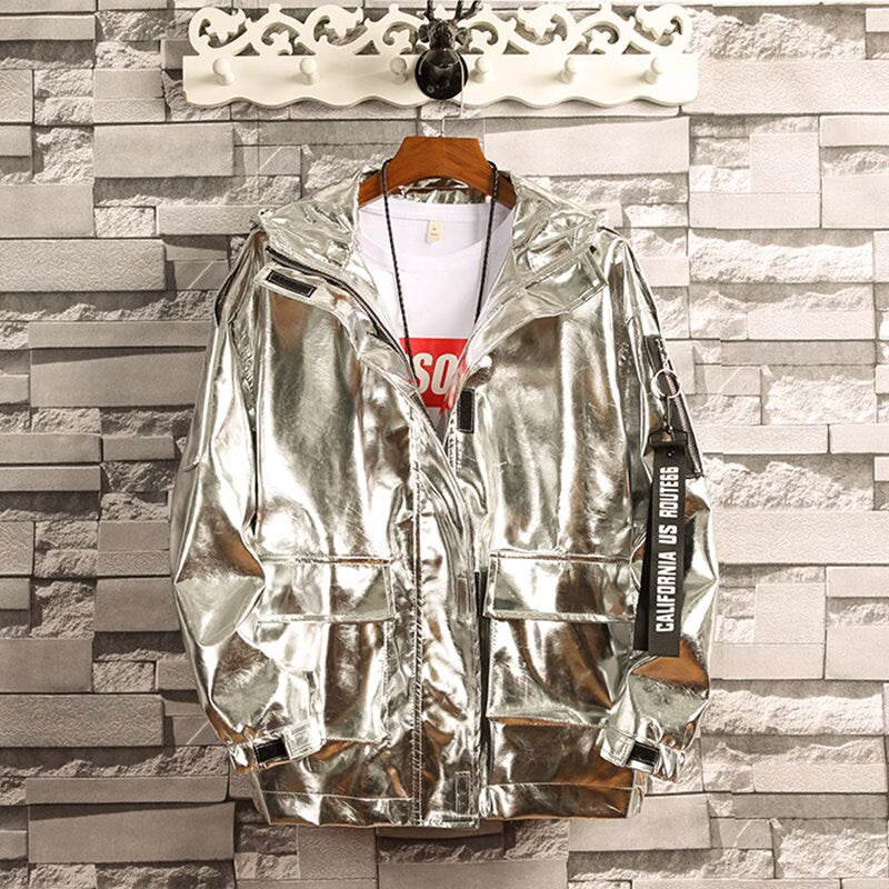 Glossy finish woman jacket with hood, designer shiny Korean style dance hip hop jacket casual street wear jacket different color plus size