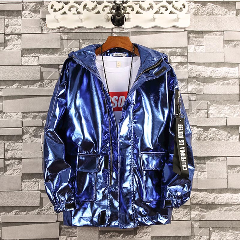 Glossy finish woman jacket with hood, designer shiny Korean style dance hip hop jacket casual street wear jacket different color plus size