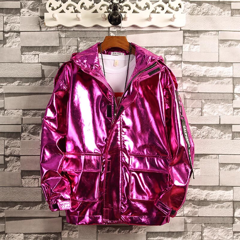 Glossy finish woman jacket with hood, designer shiny Korean style dance hip hop jacket casual street wear jacket different color plus size