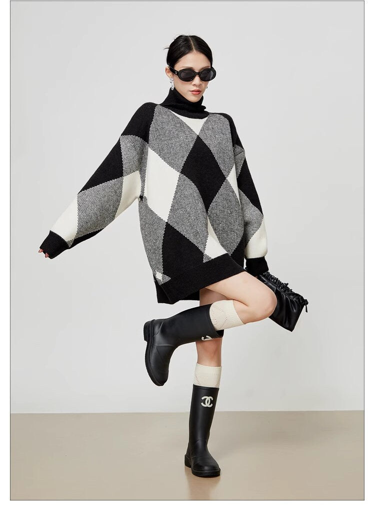 Checkered black & white loose fit sweater, designer woman knit sweater mock neck long sweater smart casual formal sweater office school