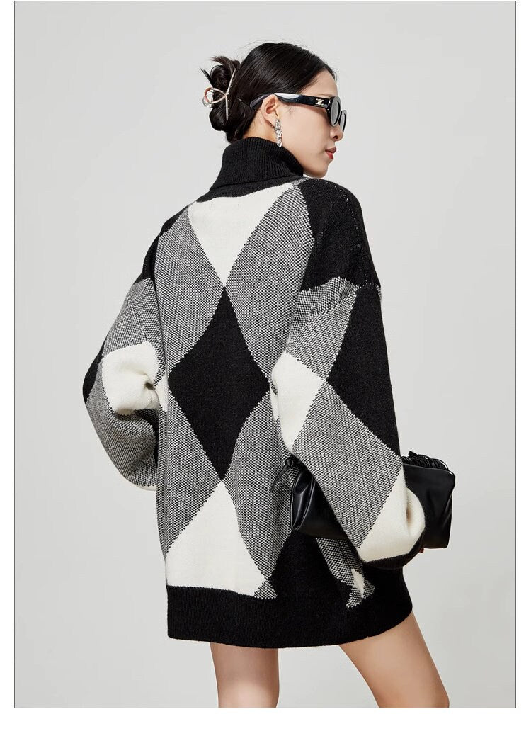 Checkered black & white loose fit sweater, designer woman knit sweater mock neck long sweater smart casual formal sweater office school