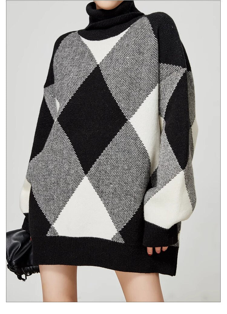 Checkered black & white loose fit sweater, designer woman knit sweater mock neck long sweater smart casual formal sweater office school