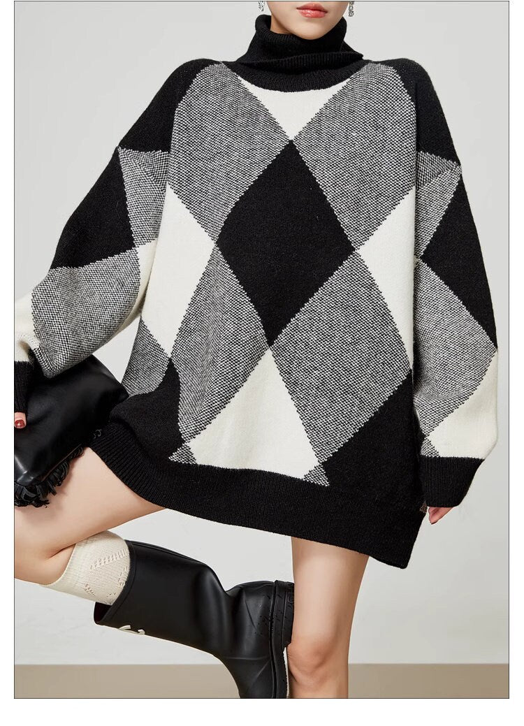 Checkered black & white loose fit sweater, designer woman knit sweater mock neck long sweater smart casual formal sweater office school