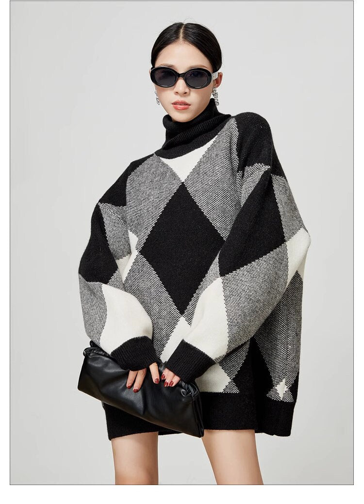 Checkered black & white loose fit sweater, designer woman knit sweater mock neck long sweater smart casual formal sweater office school