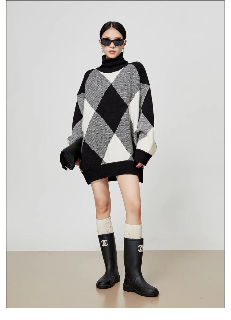 Checkered black & white loose fit sweater, designer woman knit sweater mock neck long sweater smart casual formal sweater office school