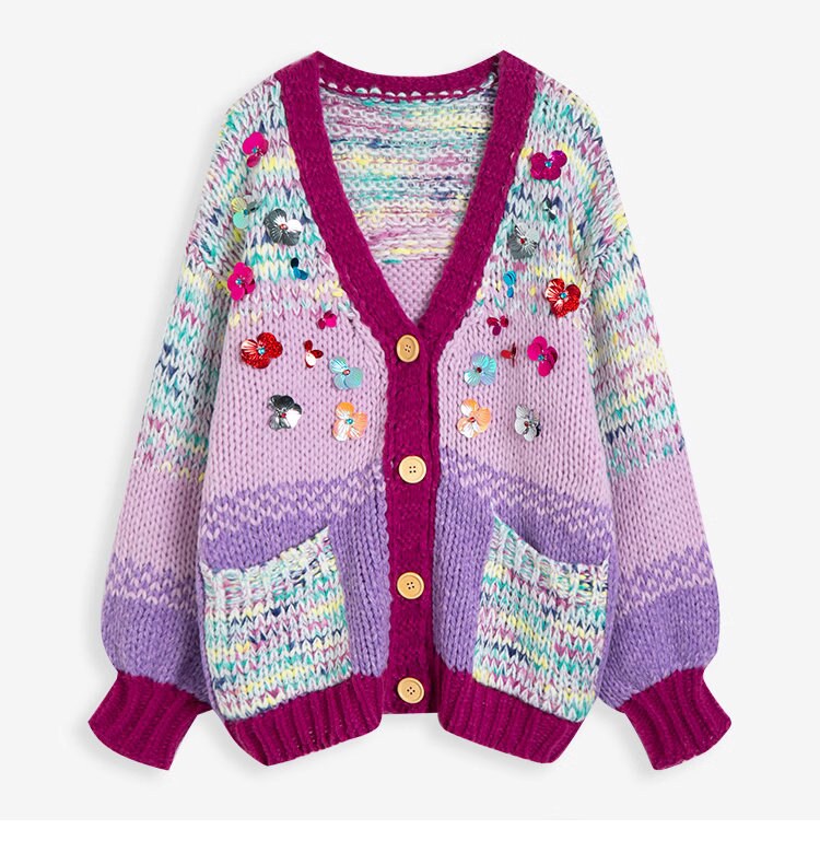 Multicolored knit cardigan with floral beads, designer woman knit winter cardigan casual office school wear loose fit cardigan