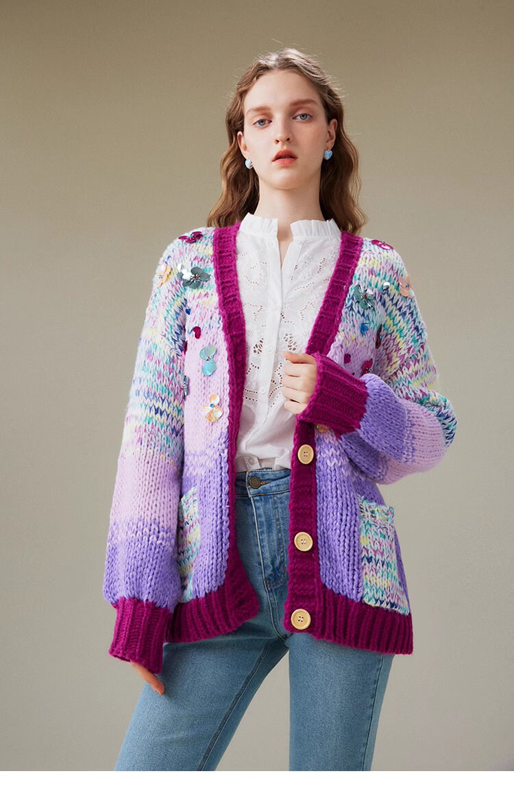 Multicolored knit cardigan with floral beads, designer woman knit winter cardigan casual office school wear loose fit cardigan