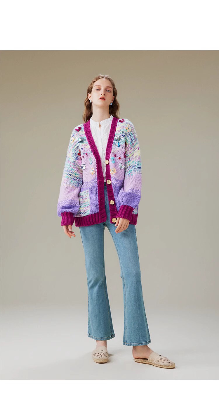 Multicolored knit cardigan with floral beads, designer woman knit winter cardigan casual office school wear loose fit cardigan