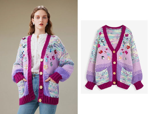 Multicolored knit cardigan with floral beads, designer woman knit winter cardigan casual office school wear loose fit cardigan