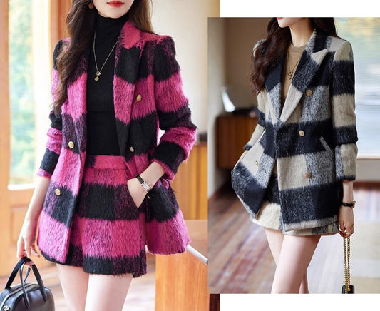 Pink/ Black striped fur layer blazer shorts, woman long sleeve suit set, wedding suit office formal wear smart casual