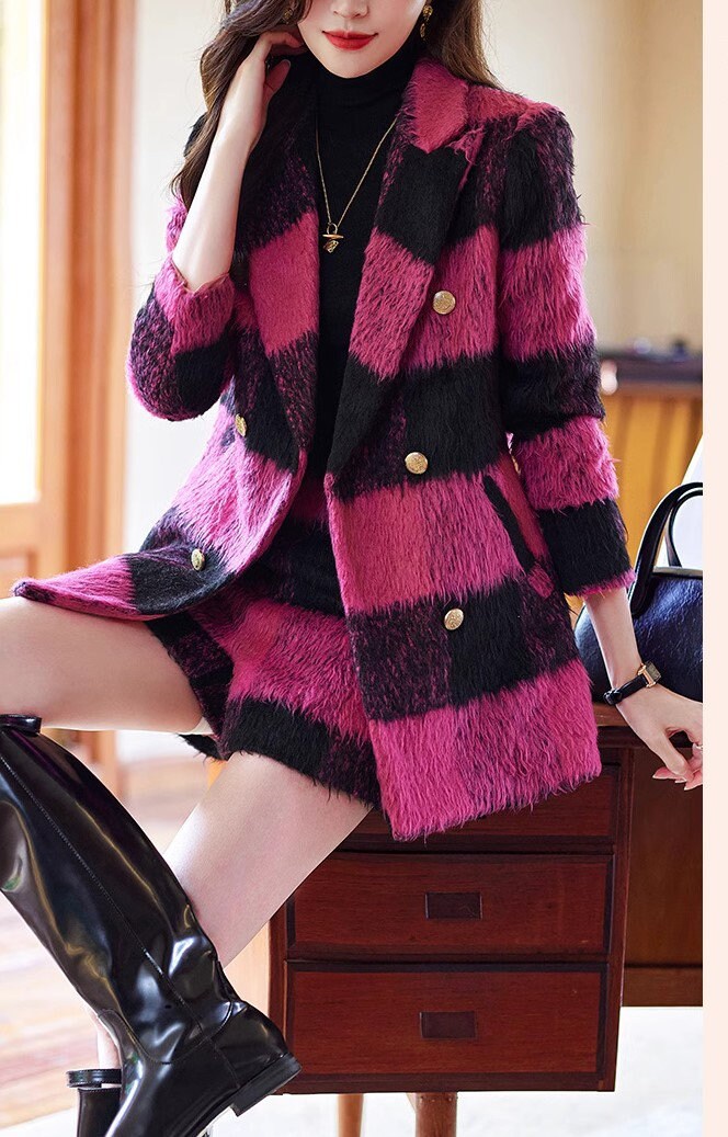 Pink/ Black striped fur layer blazer shorts, woman long sleeve suit set, wedding suit office formal wear smart casual