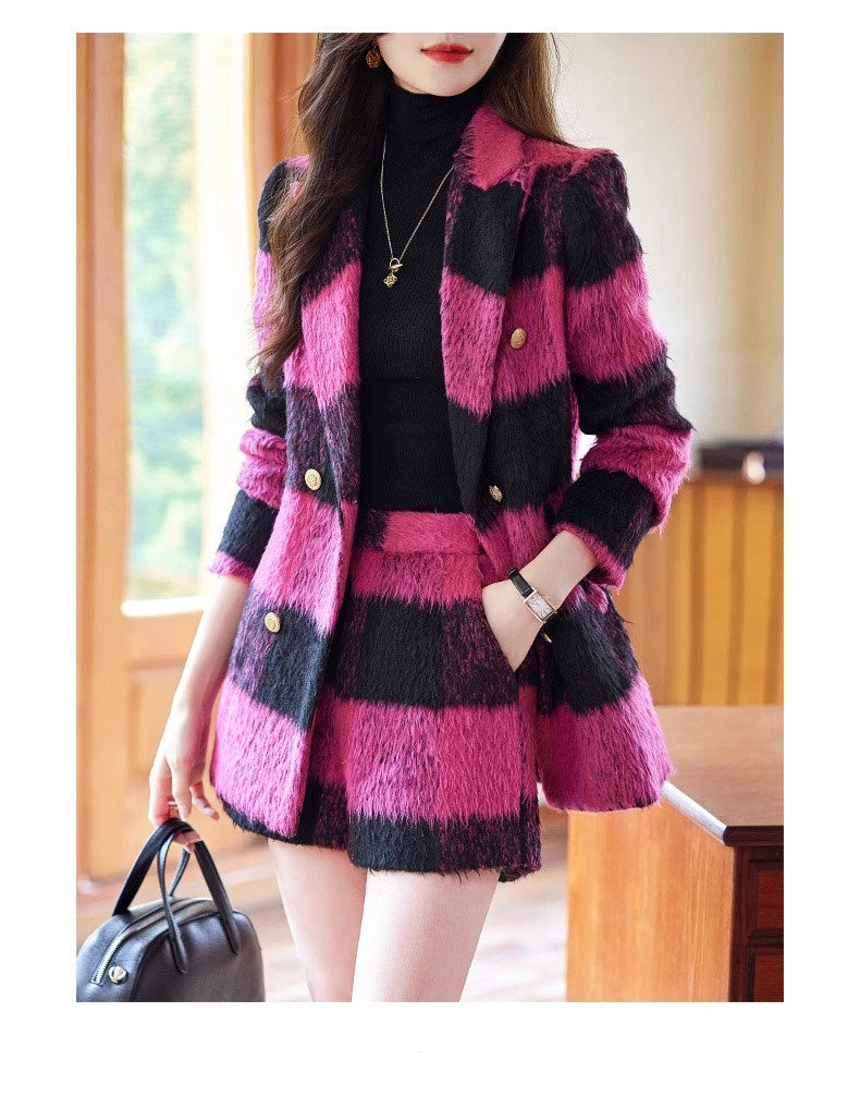 Pink/ Black striped fur layer blazer shorts, woman long sleeve suit set, wedding suit office formal wear smart casual