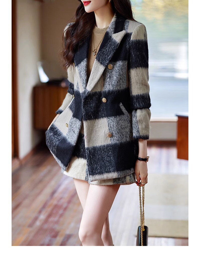 Pink/ Black striped fur layer blazer shorts, woman long sleeve suit set, wedding suit office formal wear smart casual