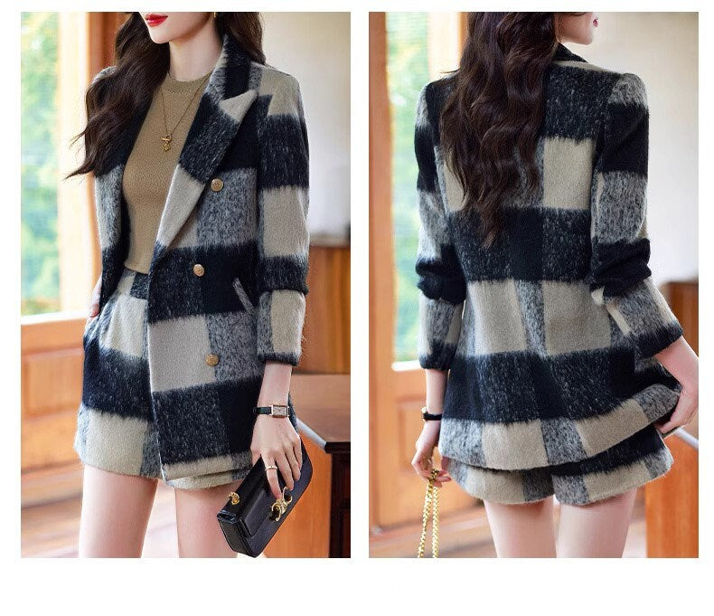 Pink/ Black striped fur layer blazer shorts, woman long sleeve suit set, wedding suit office formal wear smart casual