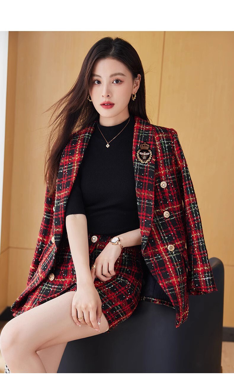 Red/ Green checkered blazer shorts, woman elegant long sleeve suit set, wedding suit office formal wear smart casual shorts set