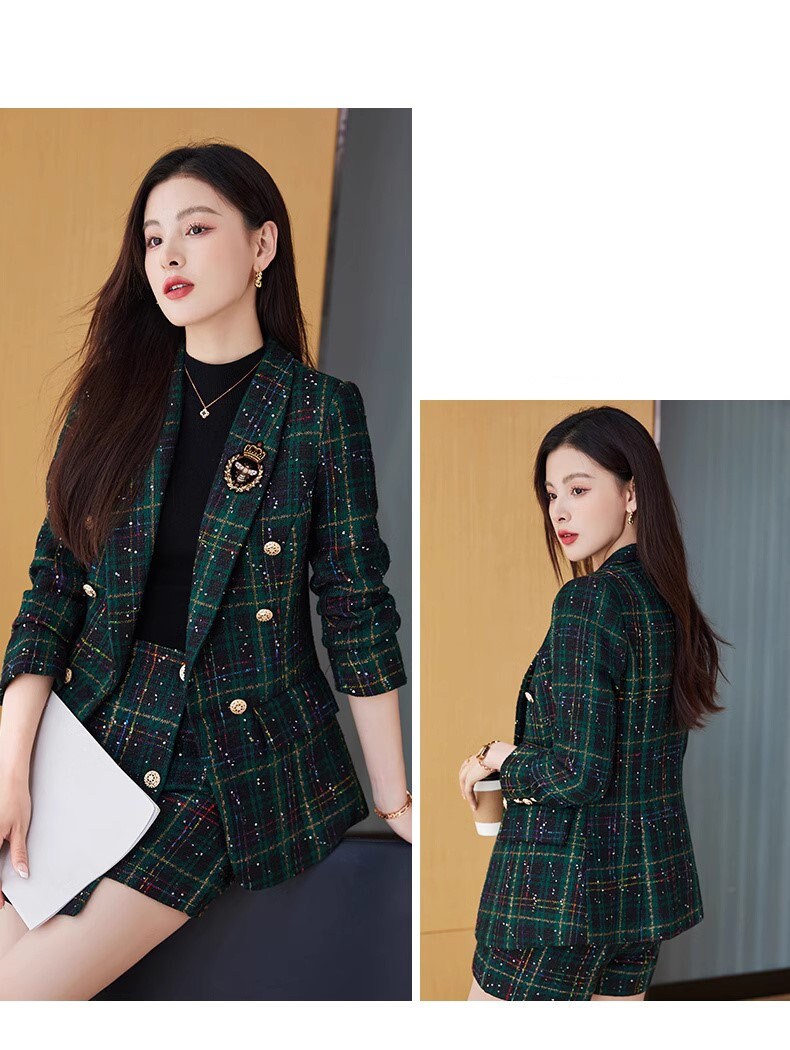 Red/ Green checkered blazer shorts, woman elegant long sleeve suit set, wedding suit office formal wear smart casual shorts set