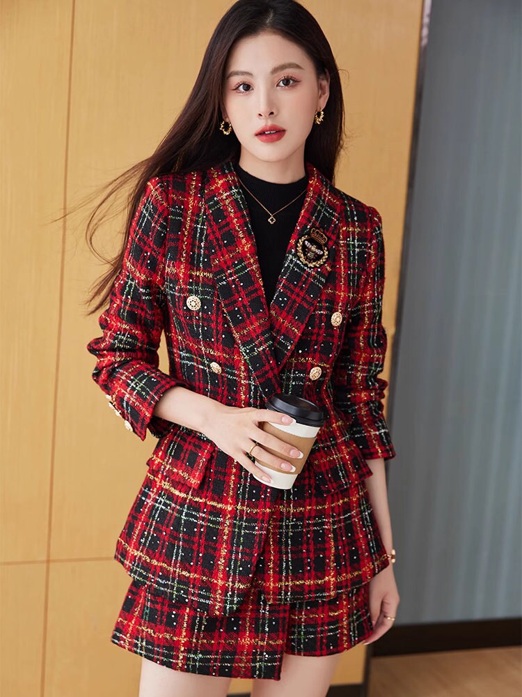 Red/ Green checkered blazer shorts, woman elegant long sleeve suit set, wedding suit office formal wear smart casual shorts set