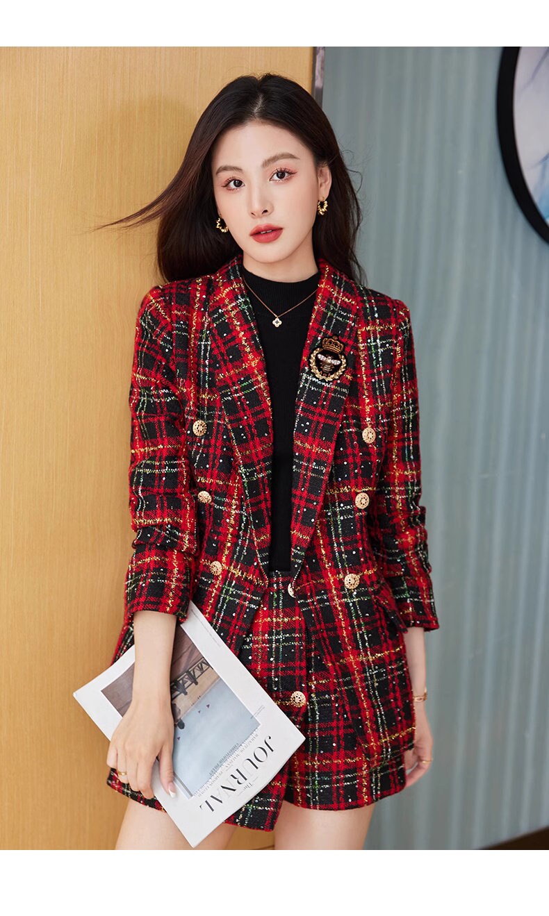 Red/ Green checkered blazer shorts, woman elegant long sleeve suit set, wedding suit office formal wear smart casual shorts set