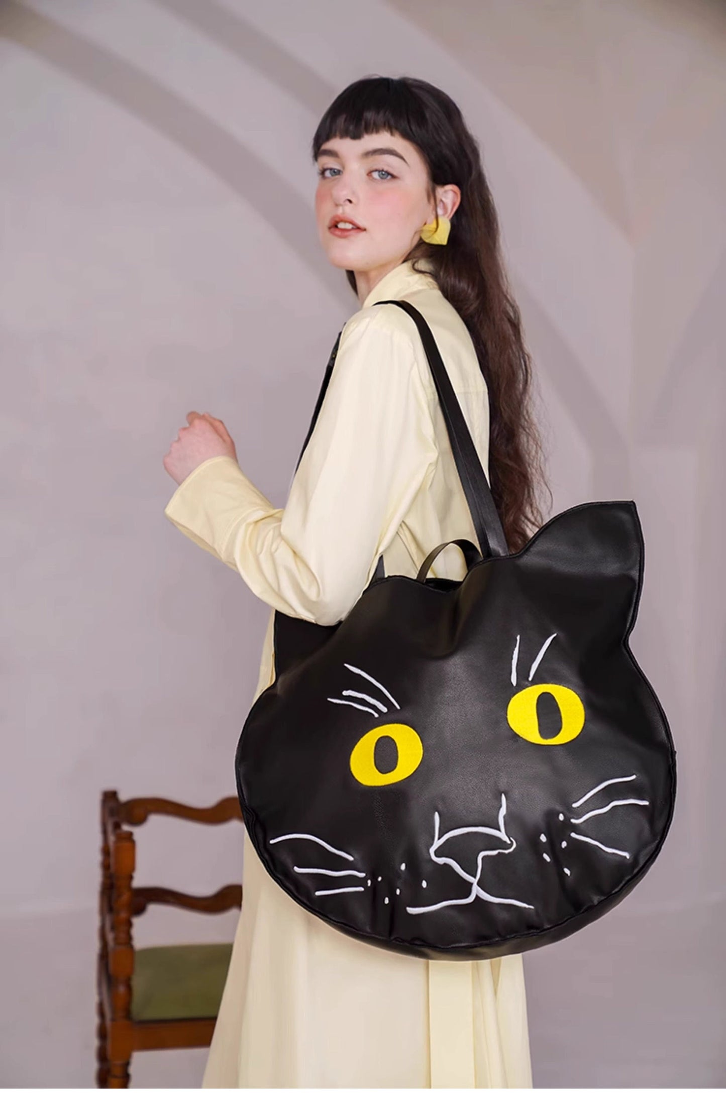 Black cat artwork blouse + Cat head tote bag, women white/ pink shirt in artistic shirt Smart Causal/ Formal/ Party Event/ Prom shirt