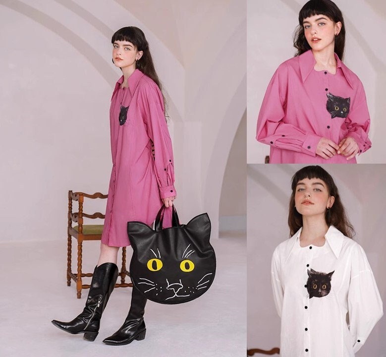 Black cat artwork blouse + Cat head tote bag, women white/ pink shirt in artistic shirt Smart Causal/ Formal/ Party Event/ Prom shirt