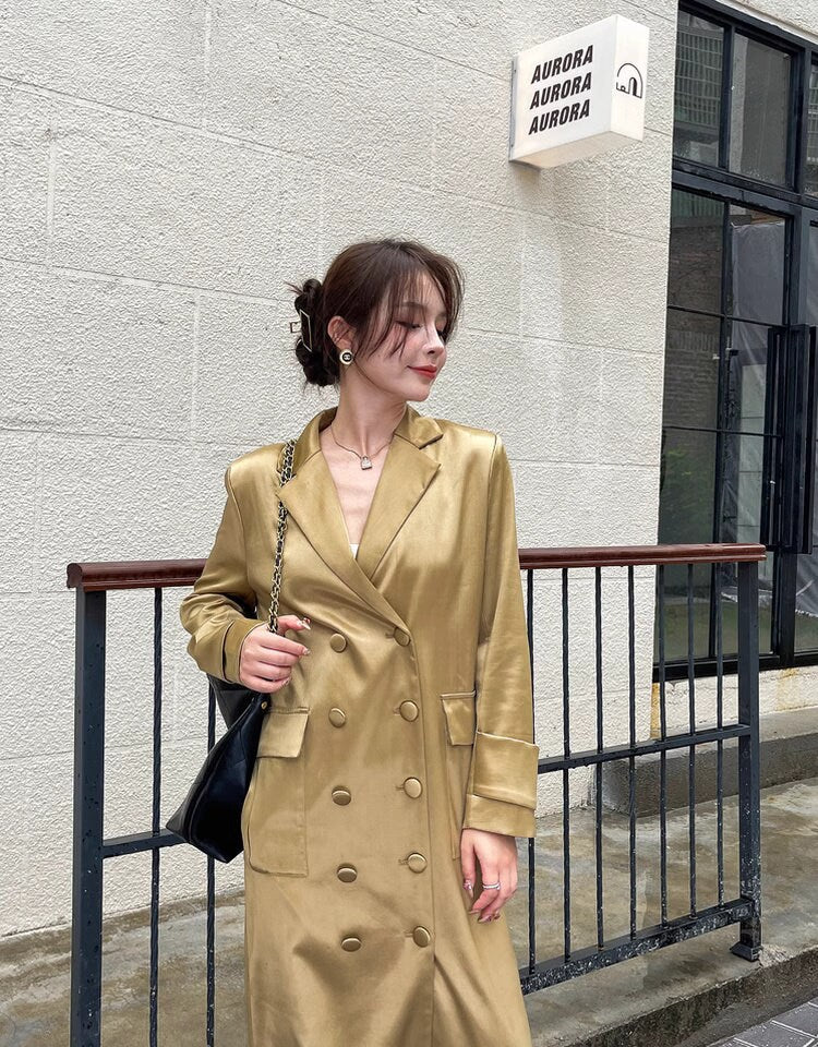 Gold Acetate long Trench Coat, Designer Woman Winter Falls Raincoat for Smart Casual/ Formal wear/Outdoors/ Office Duster