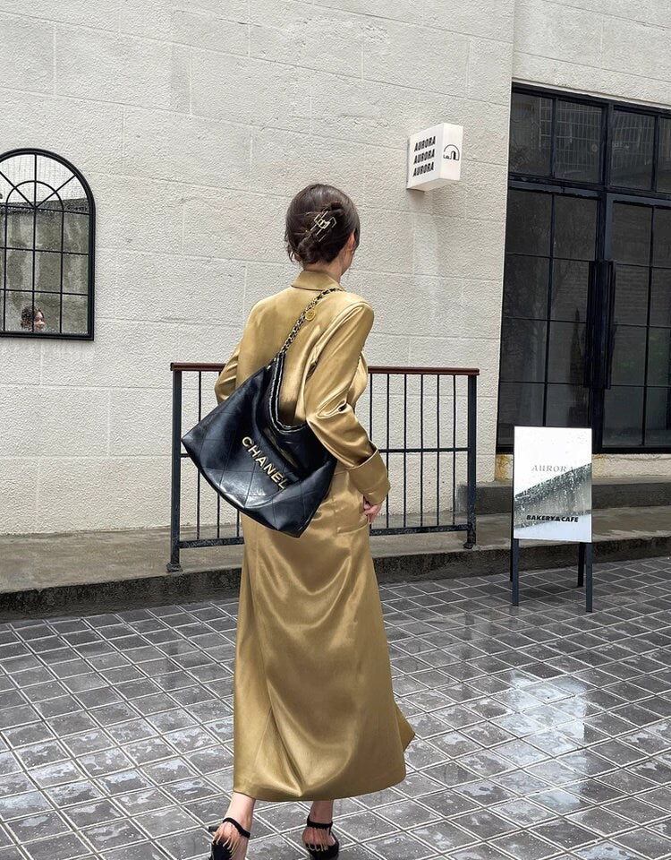 Gold Acetate long Trench Coat, Designer Woman Winter Falls Raincoat for Smart Casual/ Formal wear/Outdoors/ Office Duster