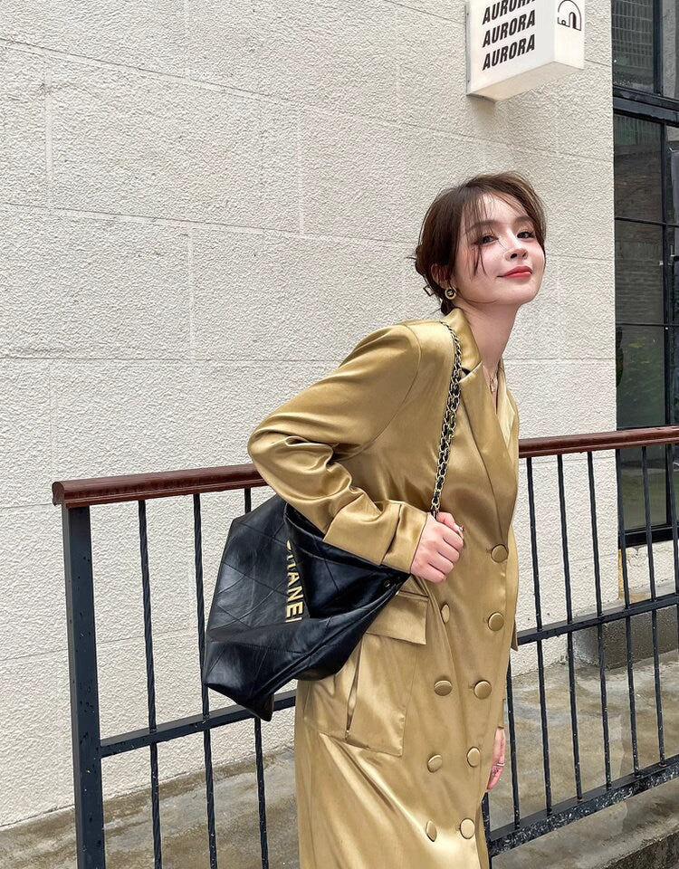 Gold Acetate long Trench Coat, Designer Woman Winter Falls Raincoat for Smart Casual/ Formal wear/Outdoors/ Office Duster