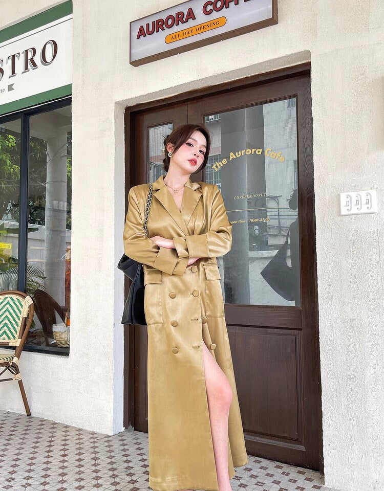 Gold Acetate long Trench Coat, Designer Woman Winter Falls Raincoat for Smart Casual/ Formal wear/Outdoors/ Office Duster