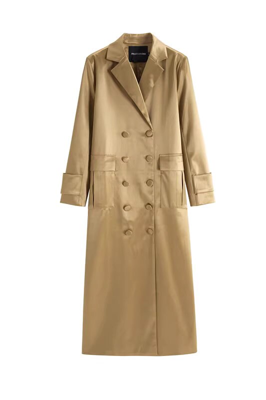 Gold Acetate long Trench Coat, Designer Woman Winter Falls Raincoat for Smart Casual/ Formal wear/Outdoors/ Office Duster