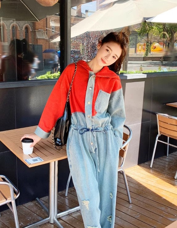 Denim patchwork Jumpsuit with hood, Woman Unique Rompers Street Smart Casual High Rise Overalls Holiday Playsuit Outdoors Wedding Party Gift