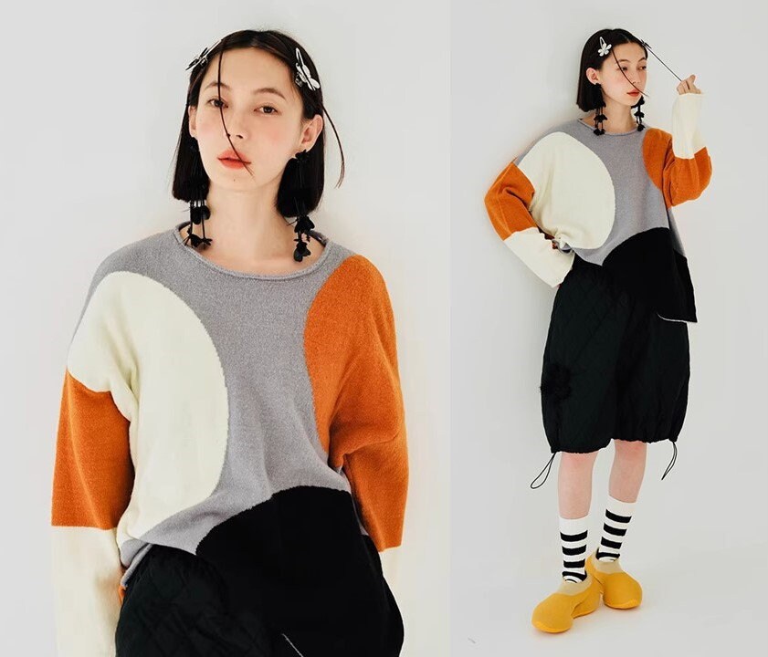 Colorful Big Circles Pattern Sweater, designer woman trendy loose fit sweater fall winter smart casual sweatshirt office knitted wear